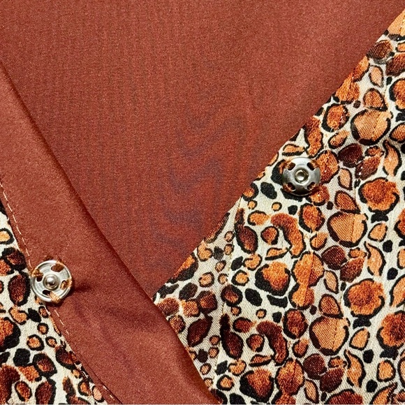 Molly Bracken Surplice Satin Metallic Rust Abstract Animal Print Babydoll Dress - Picture 11 of 14